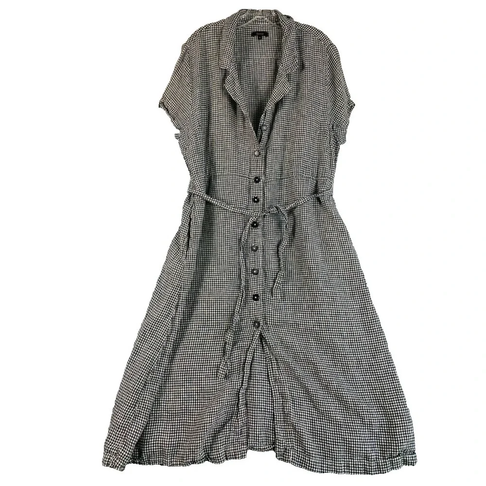 Quince 100% European Linen Button Front Dress Women Sz XL Black Gingham Midi
